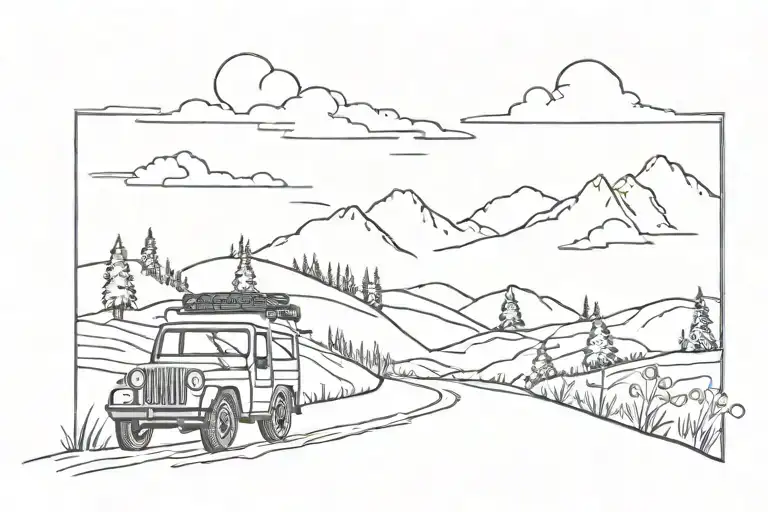 Word Adventure In Script With The E Leading Off Into A Road With A Jeep At The End Of The Road