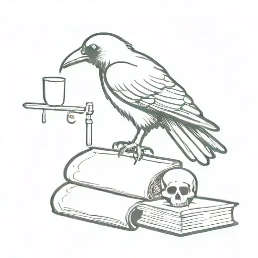 A Tattoo Design Of A Crow With A Book And A Skull