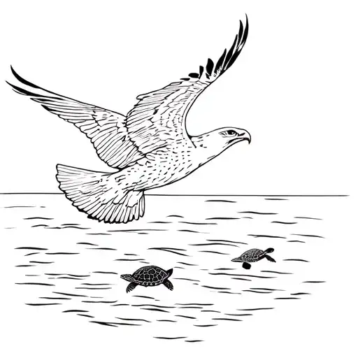 Hawk Flying Above The Ocean With Seaturtle Swimming Underneath
