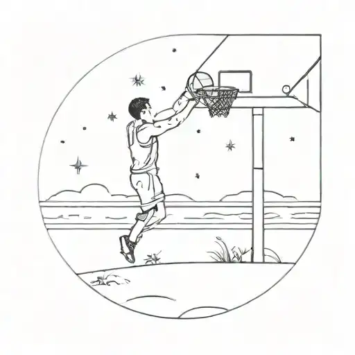 A Beach Scene With A Basketball Player Shooting Hoops Under A Starry Sky