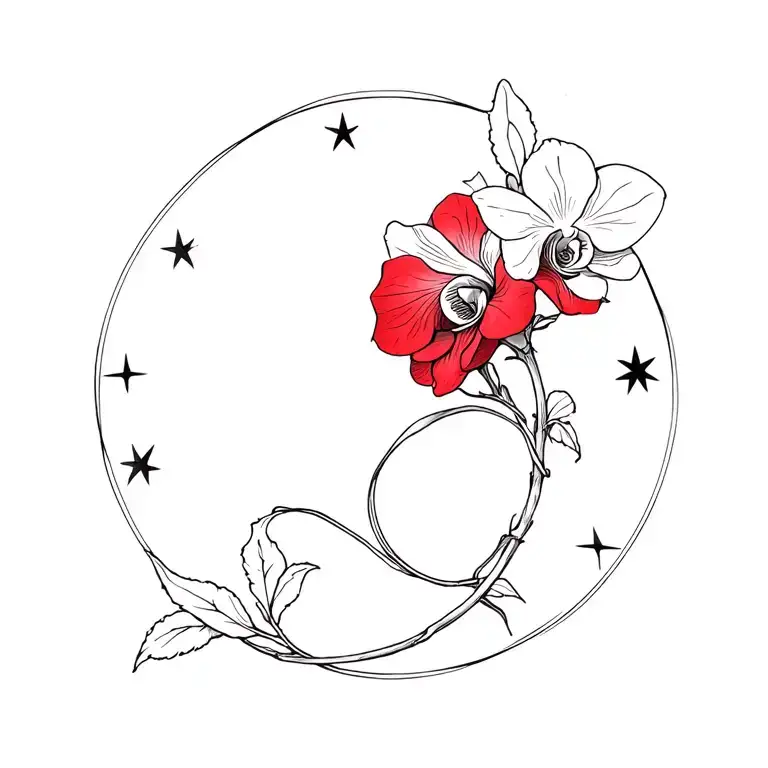 Red Rose Intertwined With Stars Forming With A White Orchid