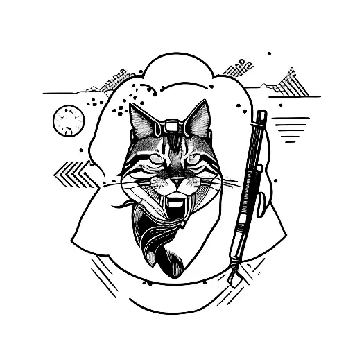 A Fine Line Tattoo Of A Fighter Cat With A Gun In His Hand Looking Madly