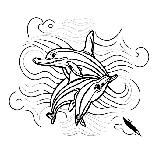 Dolphin Line Drawing Over Sunset