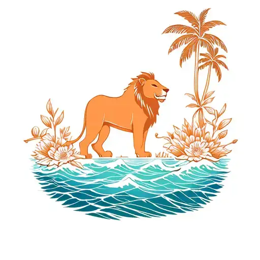 A Lion Over An Ocean With Tall Palm Trees And Flowers Surrounding