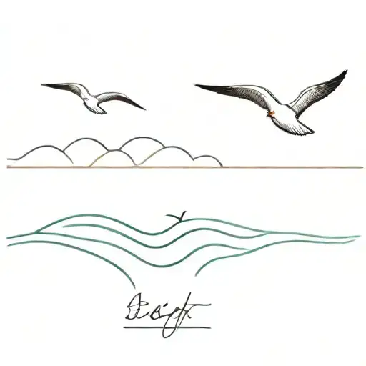 A Minimalist Seagull Flying Over A Simple Beach Landscape With Waves And Sand Dunes
