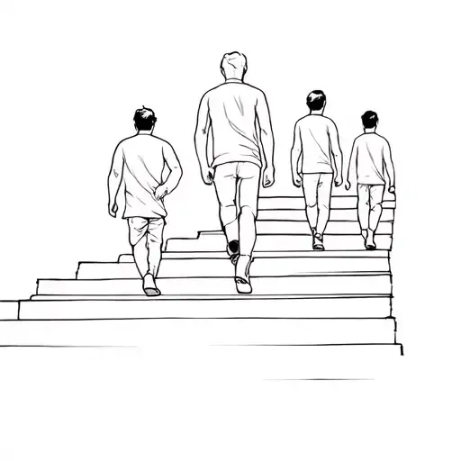 Father Being Followed By 3 Sons Walking Up Stairs