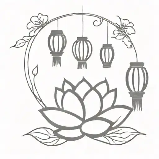 Design A Simple Tattoo With The Theme Of Hoi An Lanterns And Lotus Flowers