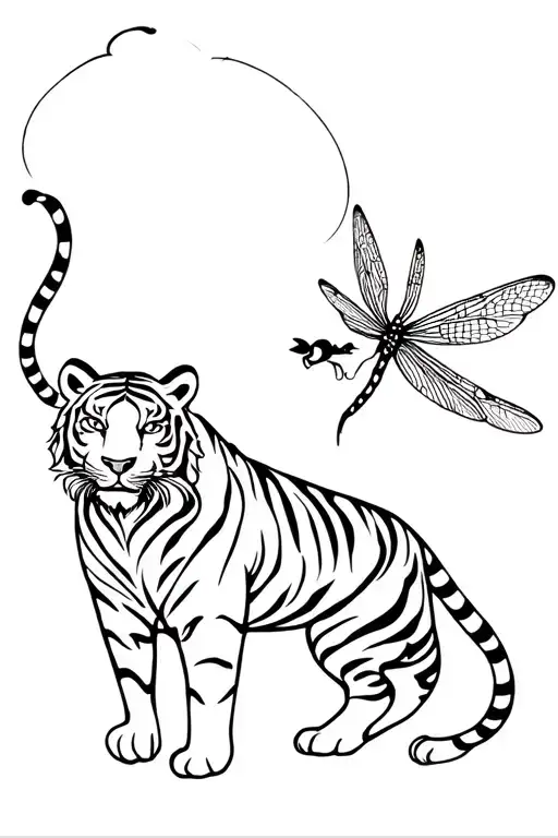 Fine Line Playful Tiger With Dragonfly Flying