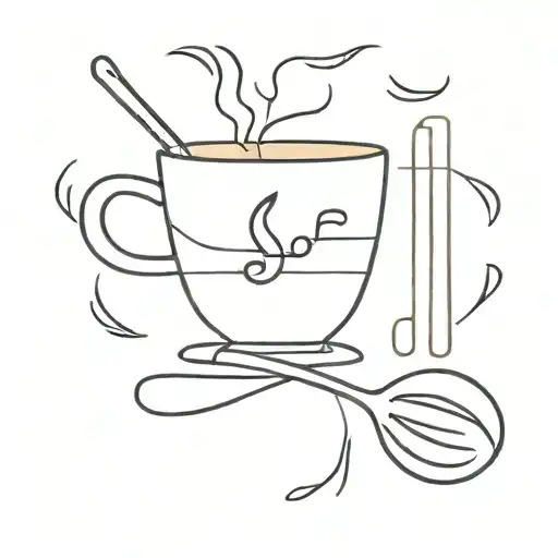 A Minimalist Tattoo Of A Coffee Cup And Music Notes Blending Into A Spatula And Whisk