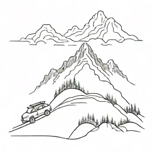 A Minimalist Tattoo Of A Car Driving Through The Himalayan Mountains