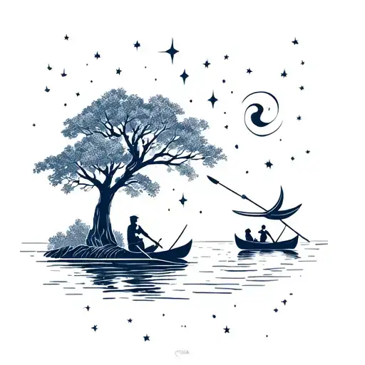 A Kola In A Tree With River With An Oarsmen In It Rowing In A Stary Nigth Sky With A Cresecet Moon
