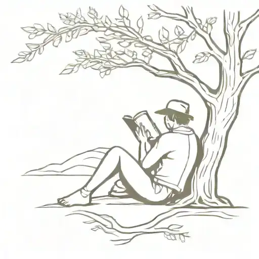 A Traditional Style Tattoo Of A Person Reading Under A Tree Adorned With Native Australian Flowers
