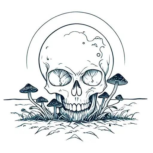 Skull With Mushrooms Growing Inside With The Moon Merging Together
