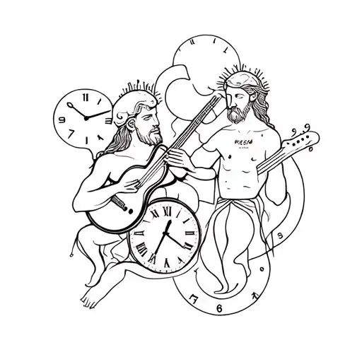An Abstract Design Of Gods Playing Musical Instruments Surrounded By Clocks
