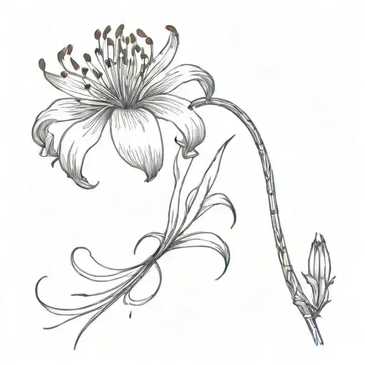 Only One Red Spider Lily With The Her Stem Connected To A Needle And Sewing The Skin