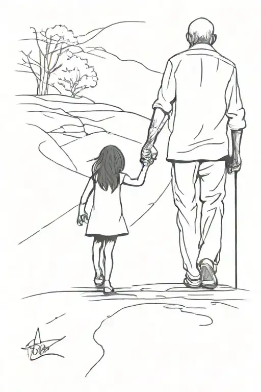 Little Girl With Grandpa In The Shadow Walking