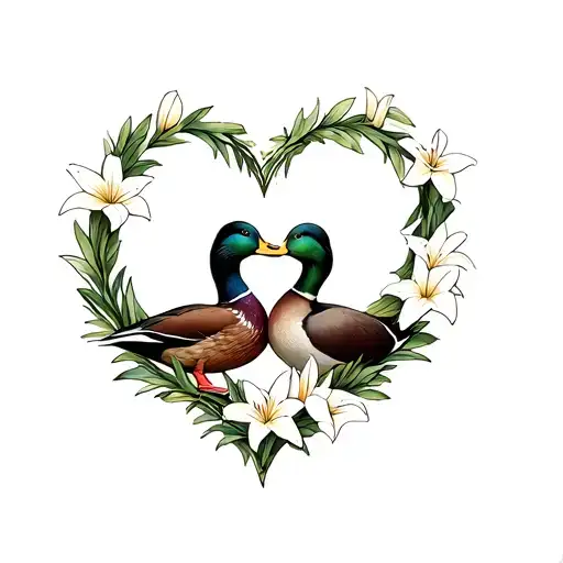 Two Mallard Ducks Cuddling Inside A Wreath Of Lily Flowers In The Shape Of A Heart