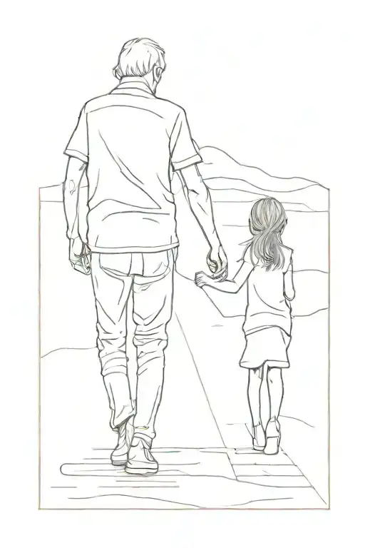 Little Girl With Grandpa In The Shadow Walking Away