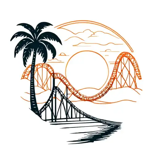 Palm Tree With Roller Coaster Behind It With Sunset
