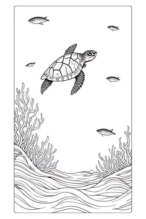 Tattoo Design Of Sea Turtle And Sardines With Coral And Waves Surrounding