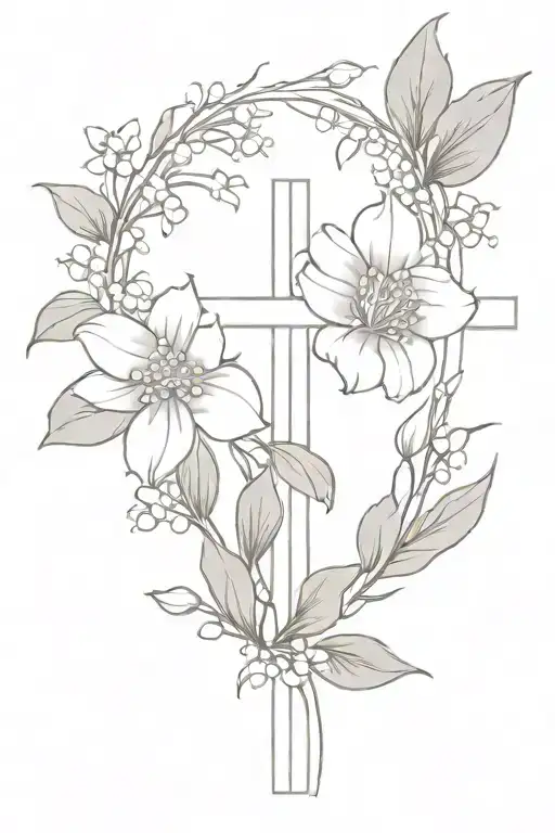 Fine Line Rose And Lily Of The Valley Tattoo With A Cross