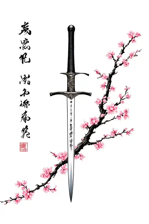 Japanese Word Vertically Making A Samurai Sword And Try To Add A Cherry Blossom Tree Inside Too