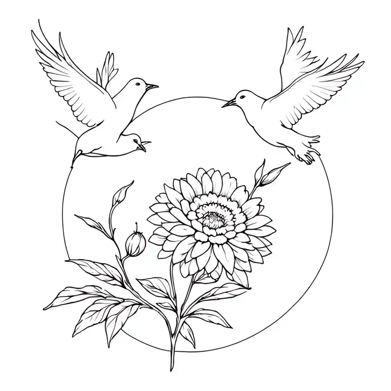Chrysanthemum And Narcissus Flower With 3 Doves Around