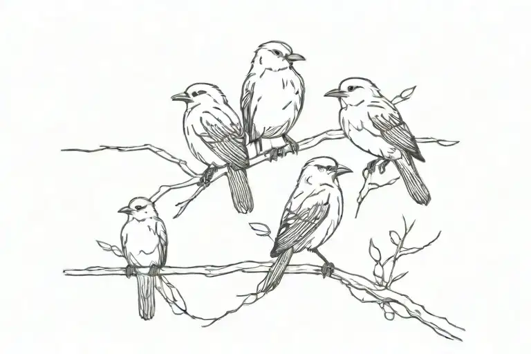 Three Birds On A Stick Looking At One Baby Bird Flying Away