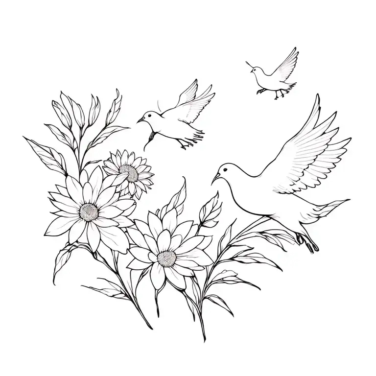 Chrysanthemum And Narcissus Flowers With 3 Doves