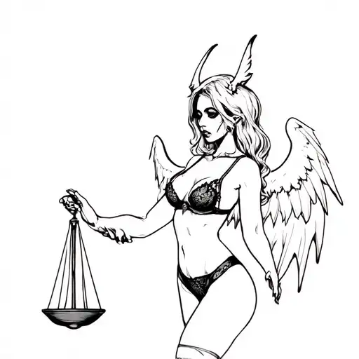 Scary Girl In Sexy Lingerie With Demon Wings Holds Scales Of Justice