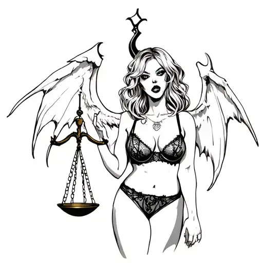 Scary Girl In Sexy Lingerie With Demon Wings Holds Scales Of Justice