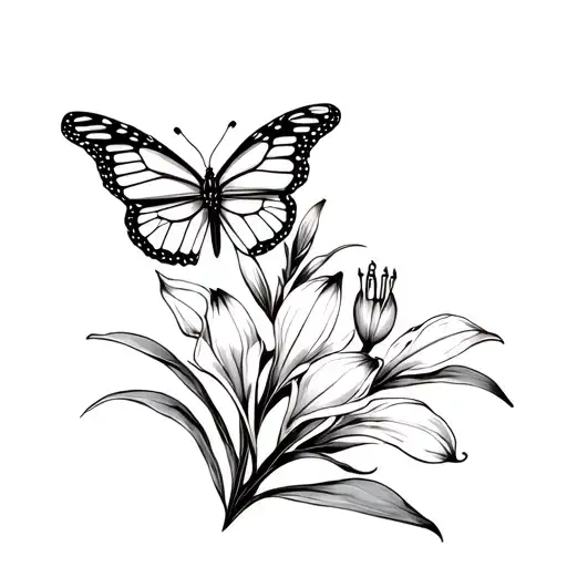 Monarch Butterfly One Wing And Other Wing Lily Flowers