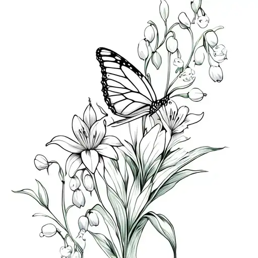 Monarch Butterfly On Lily Of The Valley Flowers Intertwined