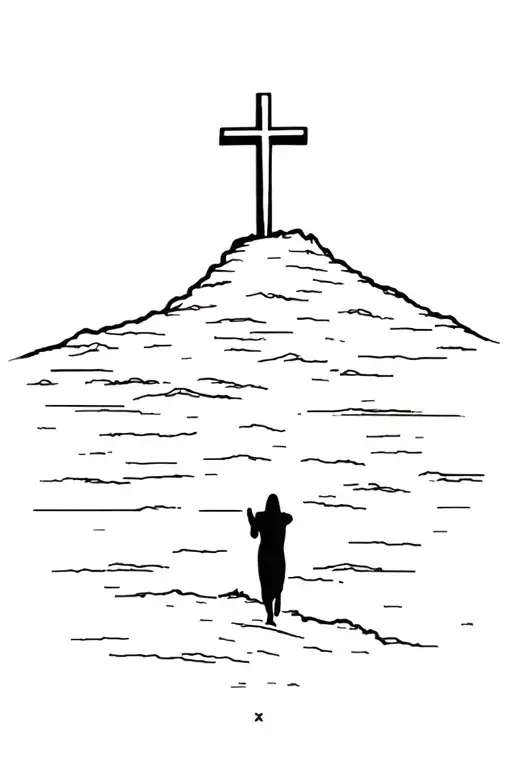 Cross On A Hill With Jesus Walking Up
