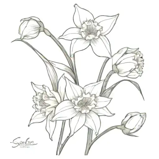 Daffodil And Sampagita Flower Stem Bouquet Fine Line Minimalist