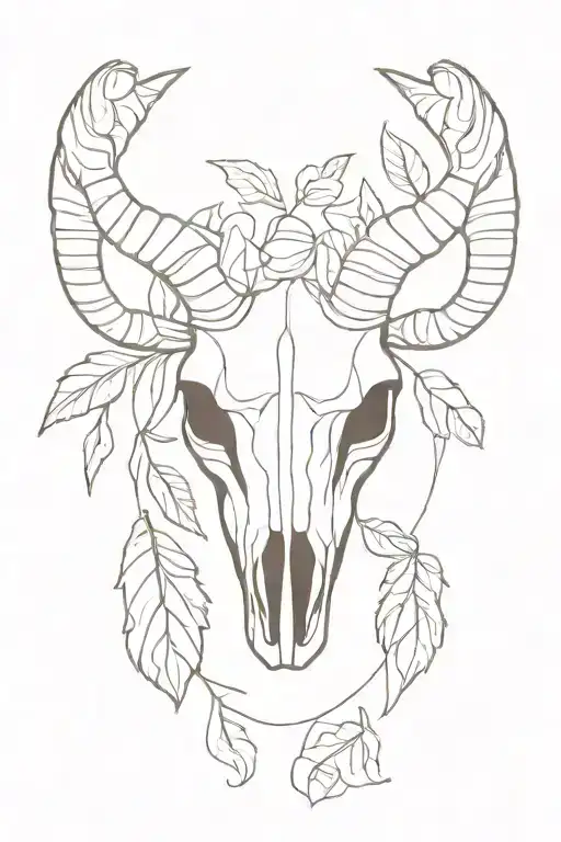 Symmetrical Rams Skull With Leaves In The Background