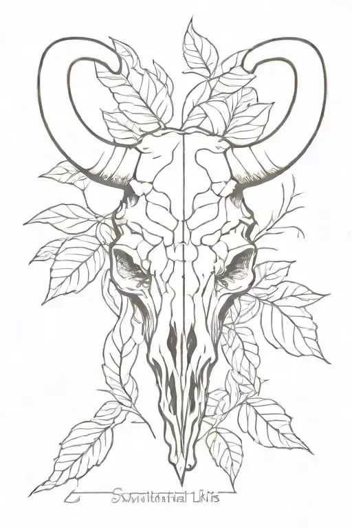 Symmetrical Rams Skull With Bay Leaves In The Background