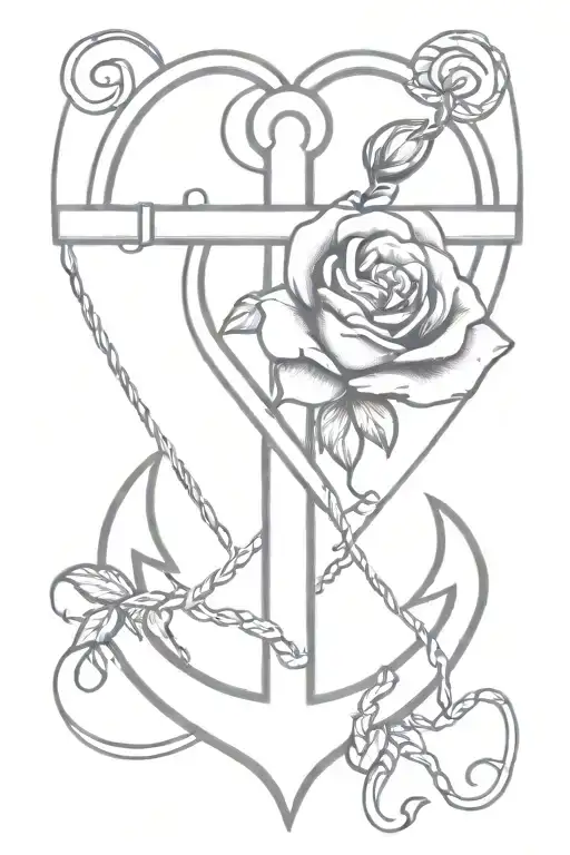 A Minimalist Tattoo Design Of A Heart-shaped Anchor Intertwined With A Rose