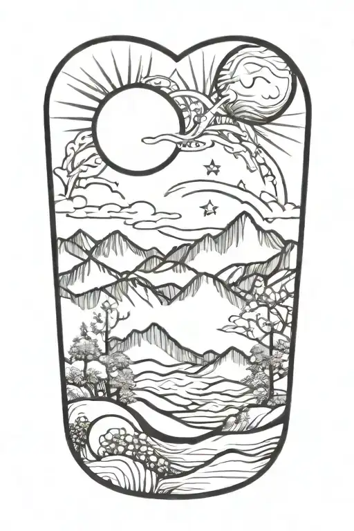 Double Helix Intertwined With The Sun And Moon And Mountains