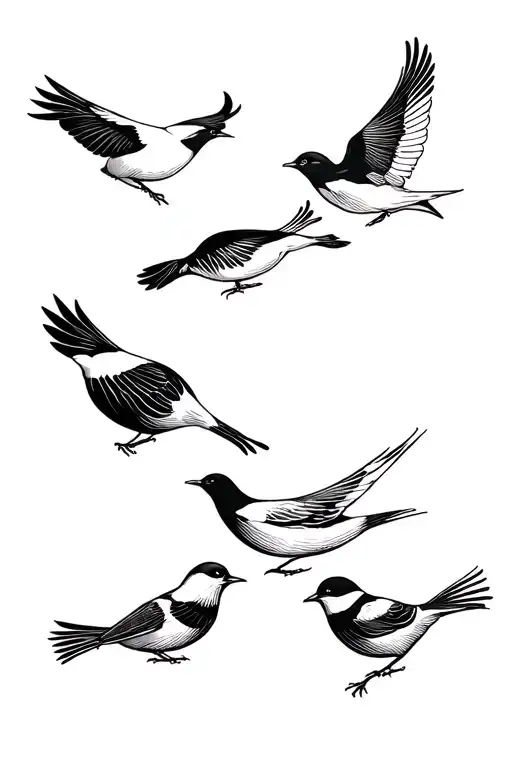 Six Birds That Get Smaller From The Hip Towards Ribs