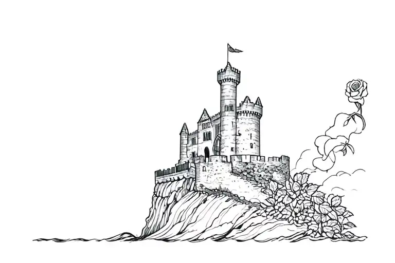 Ruins Of An Irish Castle On A Cliff By The Ocean With Entwined With Large Roses