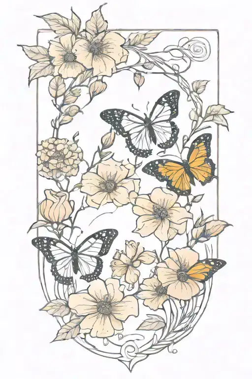 Wild Prairie Rose On A Vine Winding With Colored Monarch Butterflies Around It