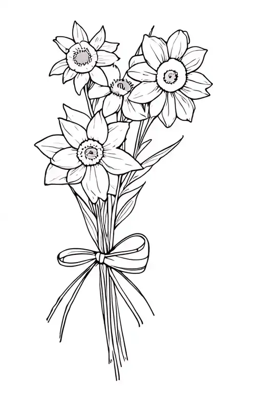 Daffodil And Daisy Bouquet Tied Off With A Bow Fine Line