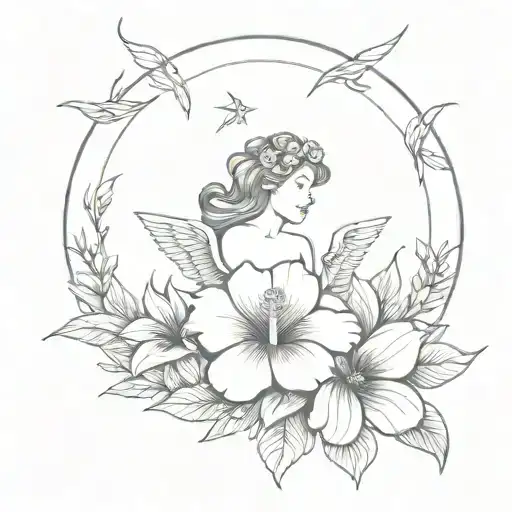 Sun And Angel And Hibiscus And Roses Surrounding