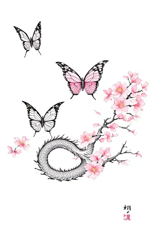 Butterflies And Sakura Japanese Tattoo Style With A Dragon