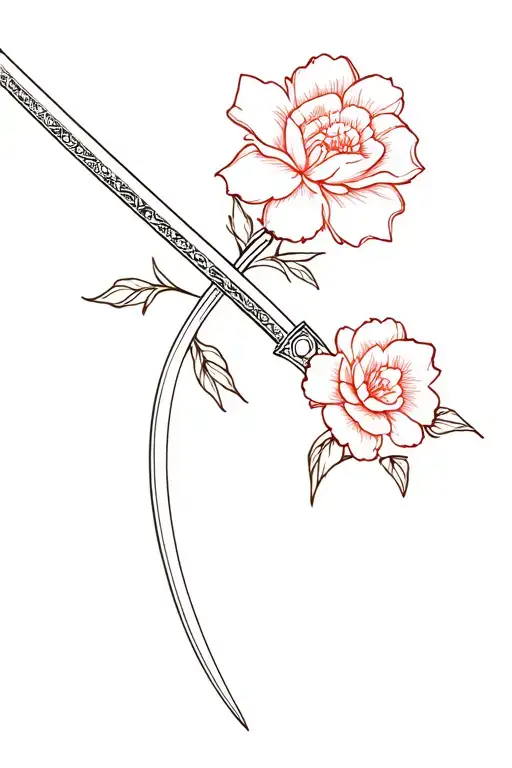 A Minimalist Design Of The Beauty And The Beast Flower Intertwined With A Katana