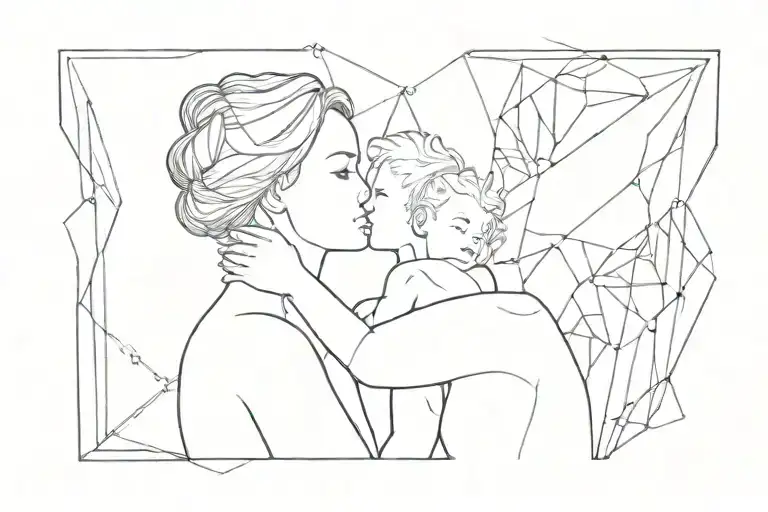 Mother And Son With Universe In The Background Mixing Geometric With Abstract