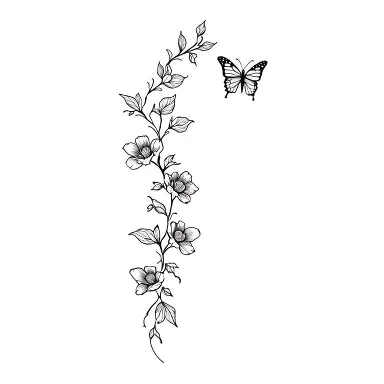 Butterfly String Vine Spine Tattoo With Flowers