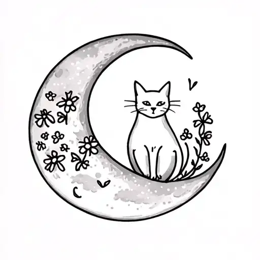 Cat On A Moon With Little Flowers Growing