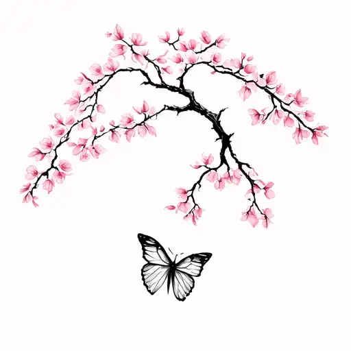 Butterfly Pollinates Cherry Blossom Tree